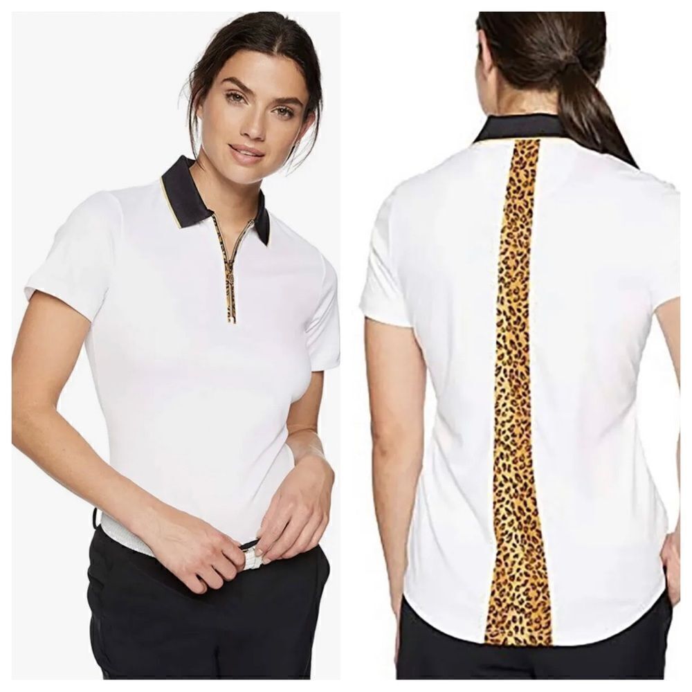 Greg Norman Short Sleeve 1/4 Zip Golf Polo- White / Leopard sz medium